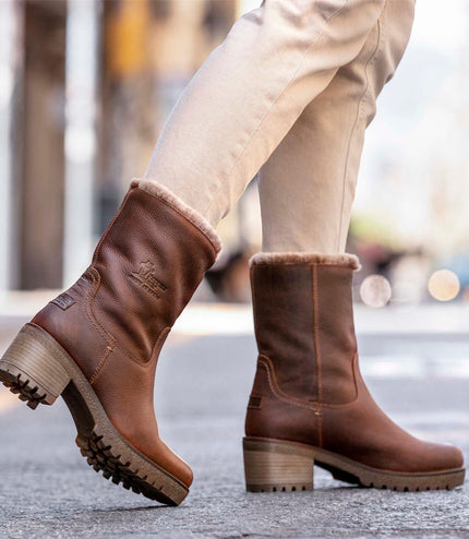 Panama Jack Women's Bark Brown Leather Waterproof Warm Heeled Boots - Piola B8