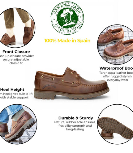 Panama Jack Boat C5 Men's Waterproof Bark Brown Leather Lace-Up Low-Cut Ankle Boots -