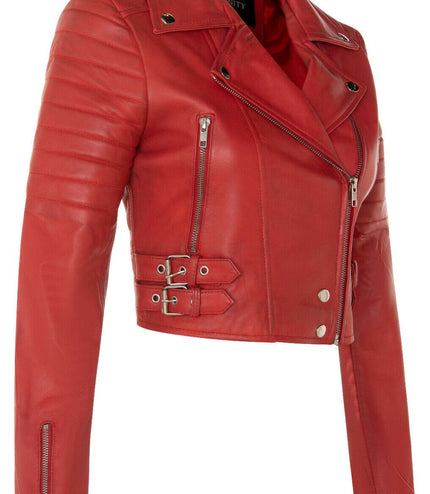Womens Cropped Brando Leather Biker Jacket-Damascus - Red