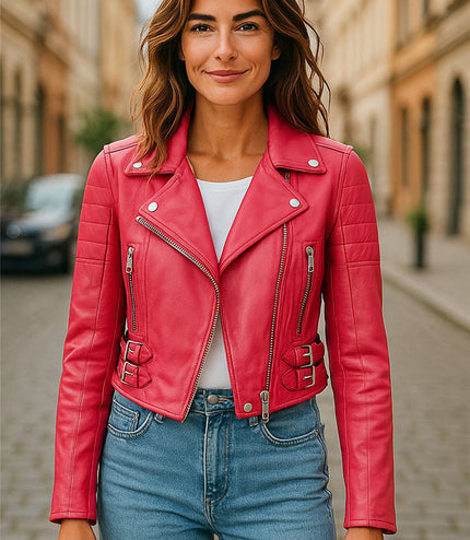 Womens Cropped Brando Leather Biker Jacket-Damascus - Fuschia