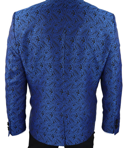 Mens Blue Tuxedo Blazer Waistcoat Brocade Black Satin Paisley Dinner Jacket