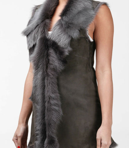 Women's Toscana Sheepskin Long Gilet-Sorocaba - Grey