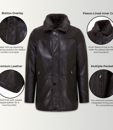 Mens Leather Jacket Classic Trench Coat with Removable Collar Mid Length Warm Overcoat - Black