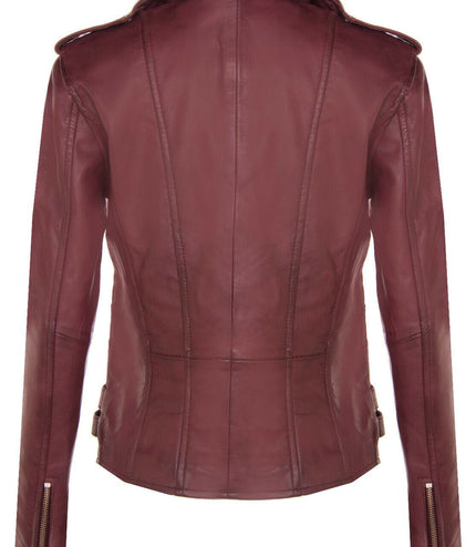 Womens Leather Brando Biker Jacket-Orlando - Burgundy