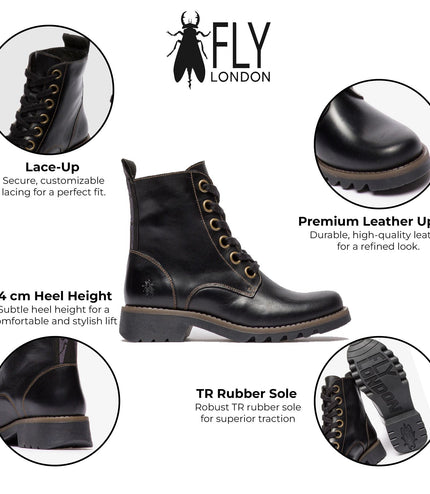 Fly London Womens Black Ragi539 Casual Rug Leather Lace-Up Ankle Boots