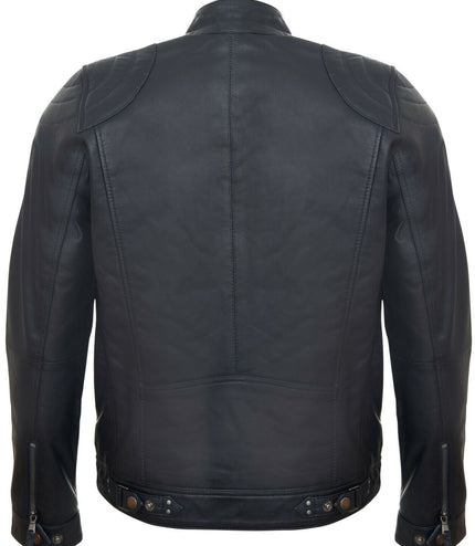 Mens Moto Leather Biker Jacket-Taiwan - Navy