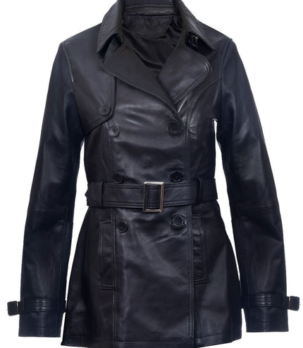 Womens Nappa Leather Trench Coat-Mosul - Black
