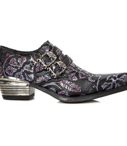 New Rock Vintage Purple Floral Leather Buckle Shoes-7960-S8