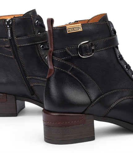 Pikolinos Women's Black Leather Lace-Up Mid-Heel Ankle Boots - Malaga