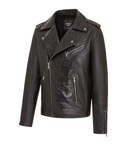 Mens Black Cow Leather Alligator Print Embossed Biker Jacket - Rot