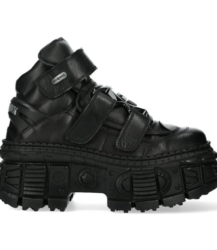 New Rock Metallic Ankle Black Leather Boots-WALL285-S2
