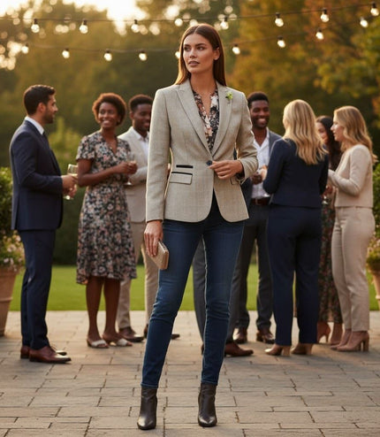 Women's Cream Check Wool Blend Herringbone Tweed Tailored Blazer - Caridi
