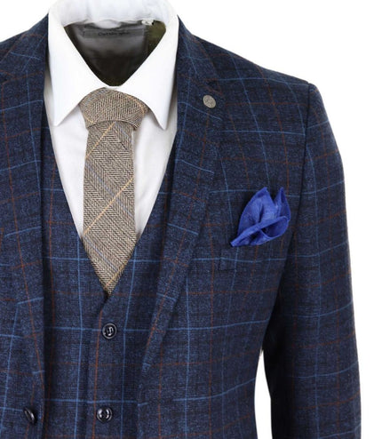 Mens 3 Piece Navy Blue Tweed Check Vintage Suit