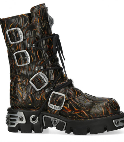 New Rock M-591-C62 Mid-Calf High Black Flame Leather Metallic Gothic Boots