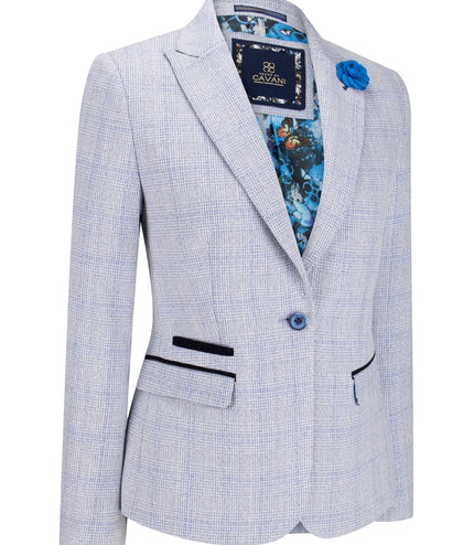 Womens Blue Check Blazer Wool Blend Herringbone Tweed