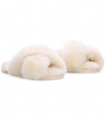 Women's Sheepskin Slippers Beige Warm Winter Fur Crossover - Snowbelle