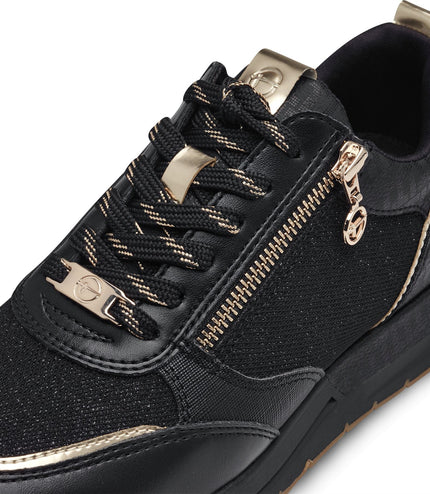 Tamaris Womens Black Gold Fashion Lace-Up Zipped Sneakers Trainers