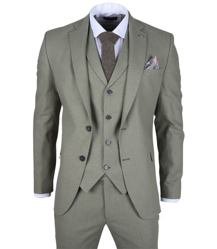Men's Sage Green Tailor Fit 3 Piece Linen Summer Wedding Suit