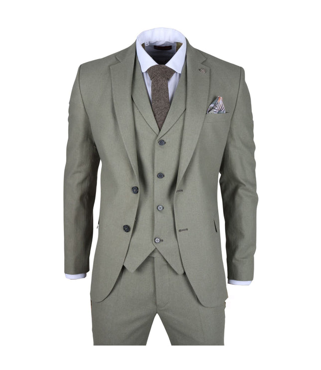 Men's Sage Green Tailor Fit 3 Piece Linen Summer Wedding Suit