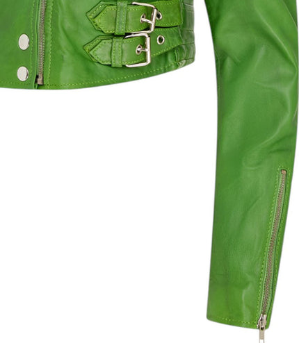 Womens Cropped Brando Leather Biker Jacket-Damascus - Apple