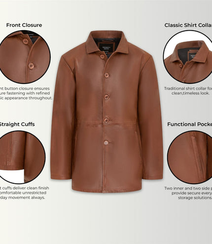 Men's Tan Leather Long Collared Car Coat Jacket - Berry