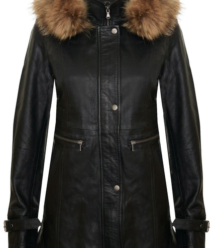 Womens Warm Leather Hooded Parka Jacket-Northwich - Black