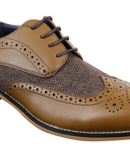 Mens Classic Oxford Tweed Brogue Shoes In Tan Leather