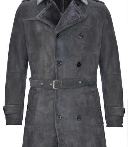 Mens Shearling Sheepskin Suede Pea Coat-Cali - Grey