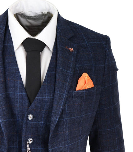 Mens 3 Piece Navy Blue Tweed Check Vintage Retro Classic Suit