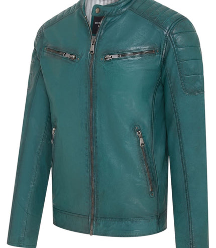 Men's Modern Classic Leather Quilted Biker Jacket - Derry - Forest Green