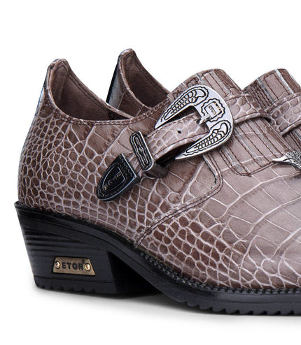 Men's Brown Croc Leather Winklepicker Cuban Biker Boots