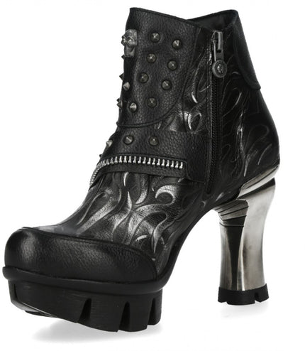 New Rock Womens Neopunk001-C19 Black Gothic Heeled Punk Leather Ankle Boots