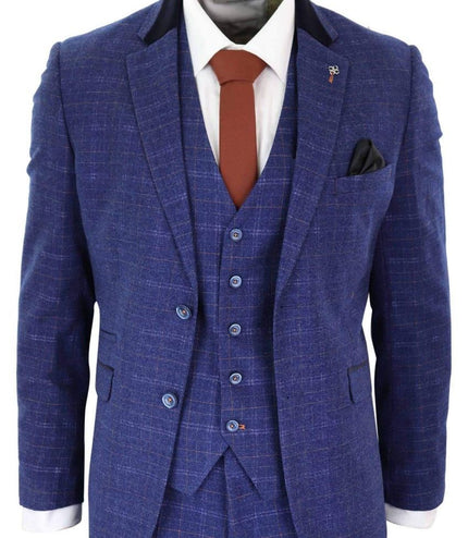 Mens 3 Piece Blue Tweed Check Vintage Classic Suit