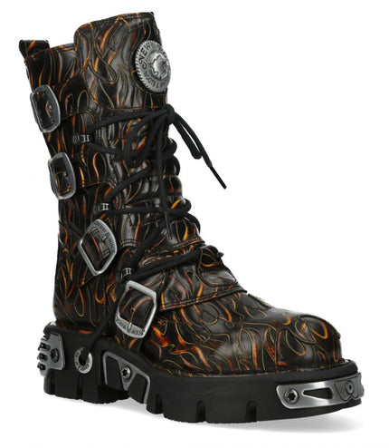 New Rock M-591-C62 Mid-Calf High Black Flame Leather Metallic Gothic Boots