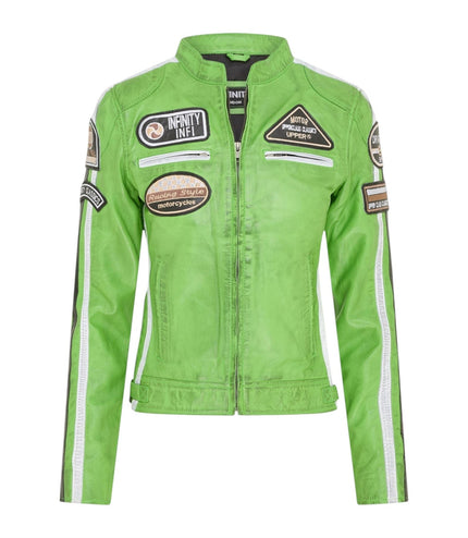 Womens Biker Racing Badges Green Leather Jacket-Eastleigh