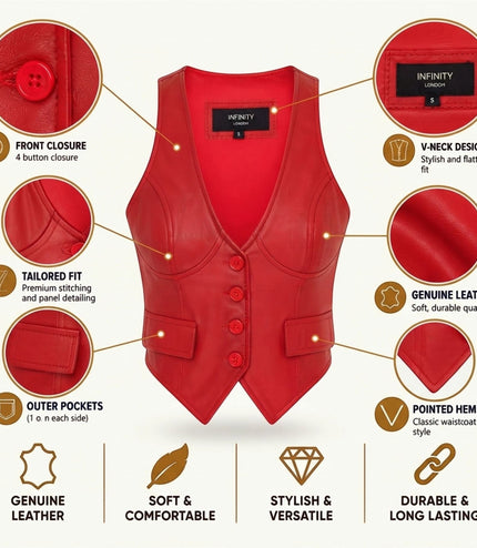 Womens Red Leather Waistcoat Biker Vest - MAM-WC