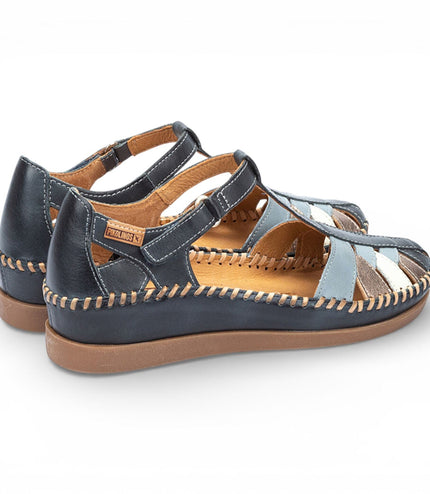 Pikolinos Women's Ocean Blue Leather Semi-Open Wedge Sandal Shoes - Cadaques