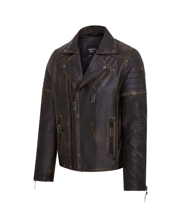 Mens Slim Fit Brando Style Double Cross Zip 100% Leather Biker Jacket - Vintage Black