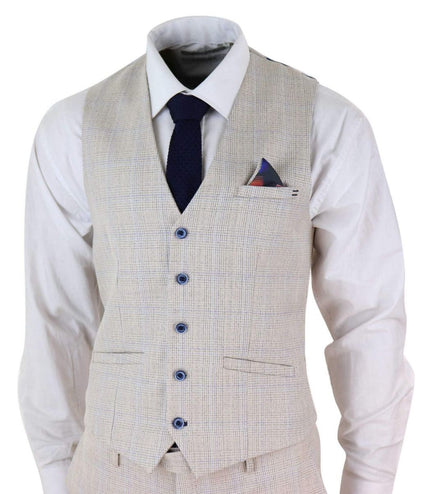 Mens 3 Piece Cream Check Tweed Herringbone Vintage Classic Suit
