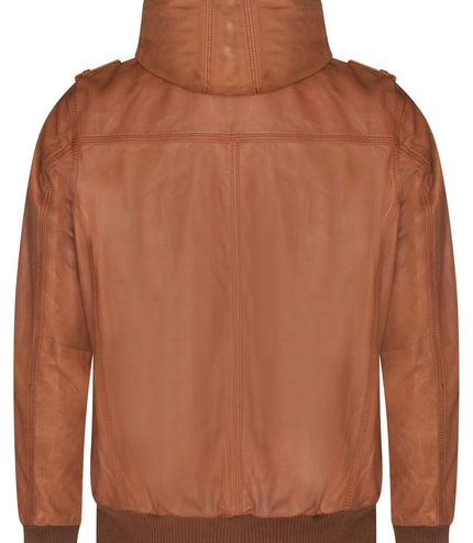 Mens Tan Leather Hooded Bomber Jacket - Tirana