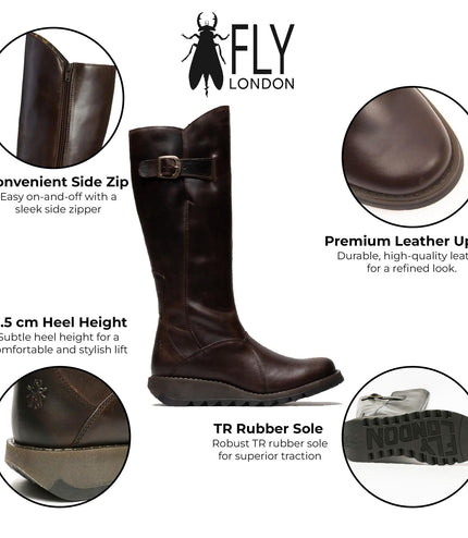 Fly London Womens Brown Mol 2 Leather Wedge Heel Knee High Zip Up Boots