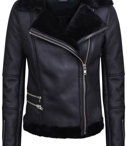 Womens Black Shearling Sheepskin Aviator Jacket-Kiev