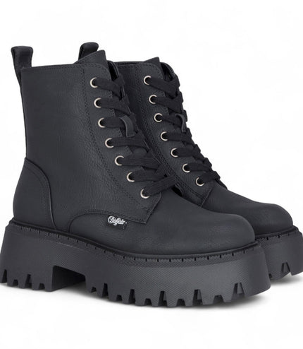 Buffalo Womens Black Chunky Platform Warm High Ankle Combat Boots - ASPEN-LACE-UP
