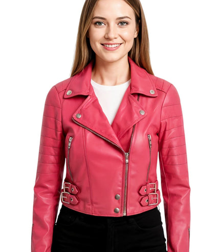 Womens Cropped Brando Leather Biker Jacket-Damascus - Fuschia