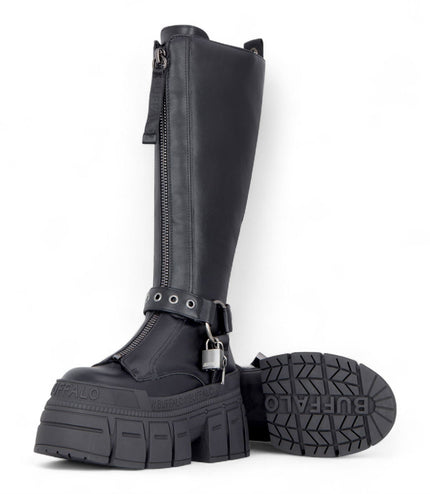 Buffalo Womens Biker Knee High Black Chunky Goth Platform Boots - Gospher Hi