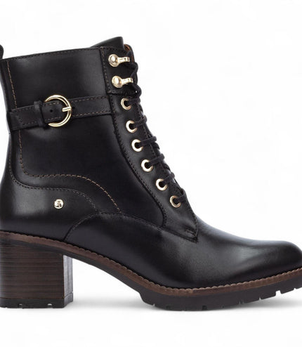 Pikolinos Women's Black Leather Mid-Heel Combat Ankle Boots - Llanes
