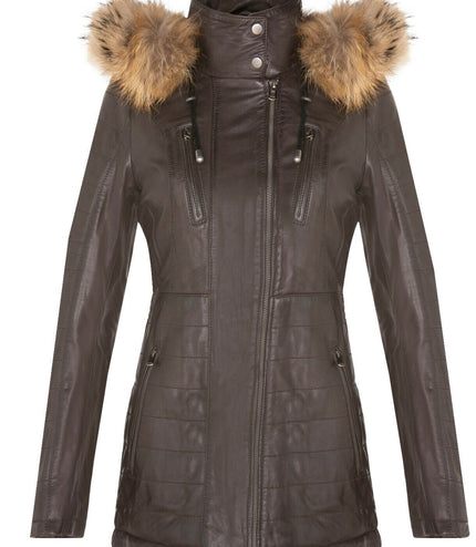 Womens Slim Fit Leather Hooded Parka Jacket-Northam - Brown