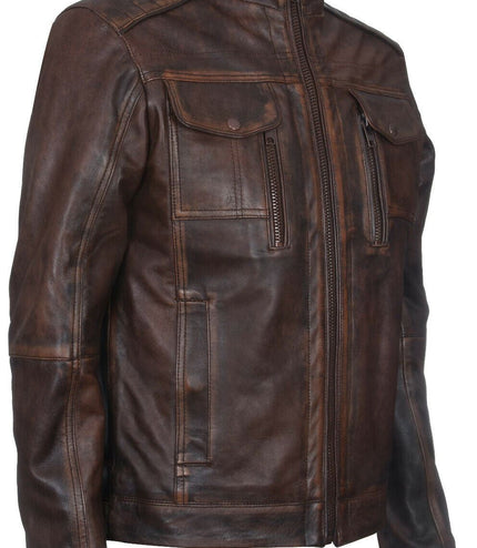 Men's Vintage Leather Biker Jacket-Cape Town - Brown