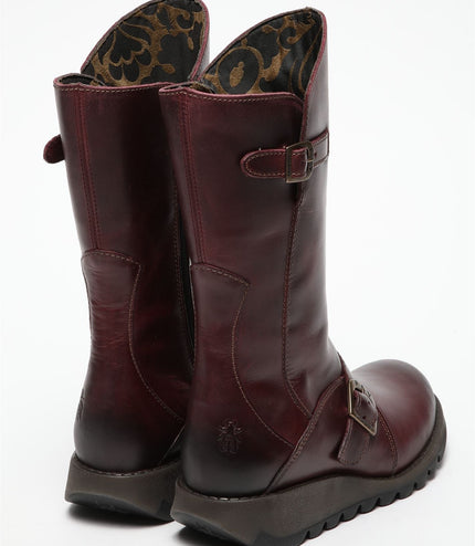 Fly London Womens Wine Mes 2 Wedge Heel Buckle Mid-Calf Leather Zip Platform Boots