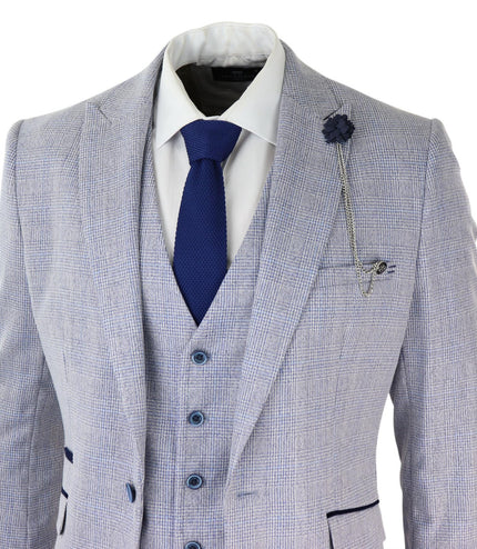 Mens 3 Piece Tweed Suit Light Blue Check Peaky Blinders 1920 Gatsby Wedding Suit